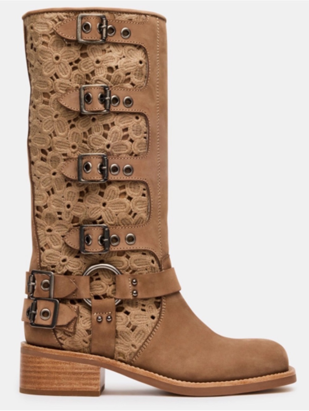 Steve Madden Tan Crochet Lace Mid-Calf Buckle Boot